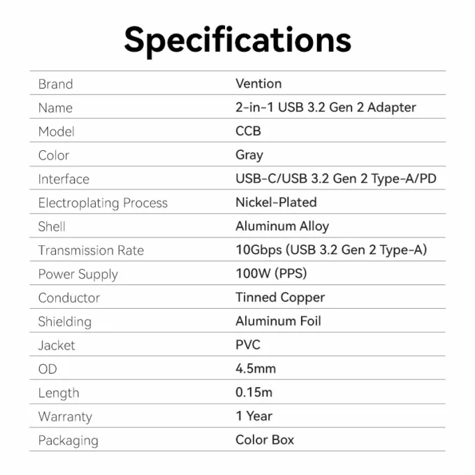 Vention Converter USB-C M to USB-A F & 100W PD CCBHB — image 8