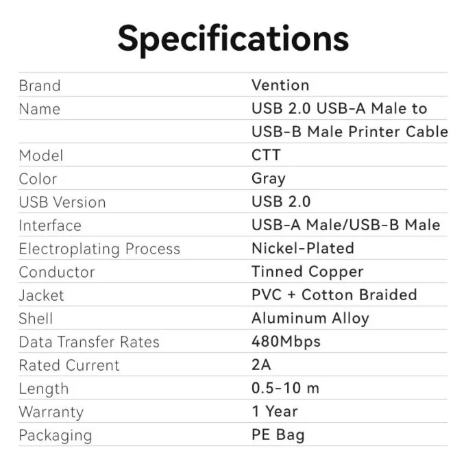 Vention IT Cable USB-A 2.0 to USB-B Printer Braided 5.0m Aluminium Grey CTTHJ — image 9