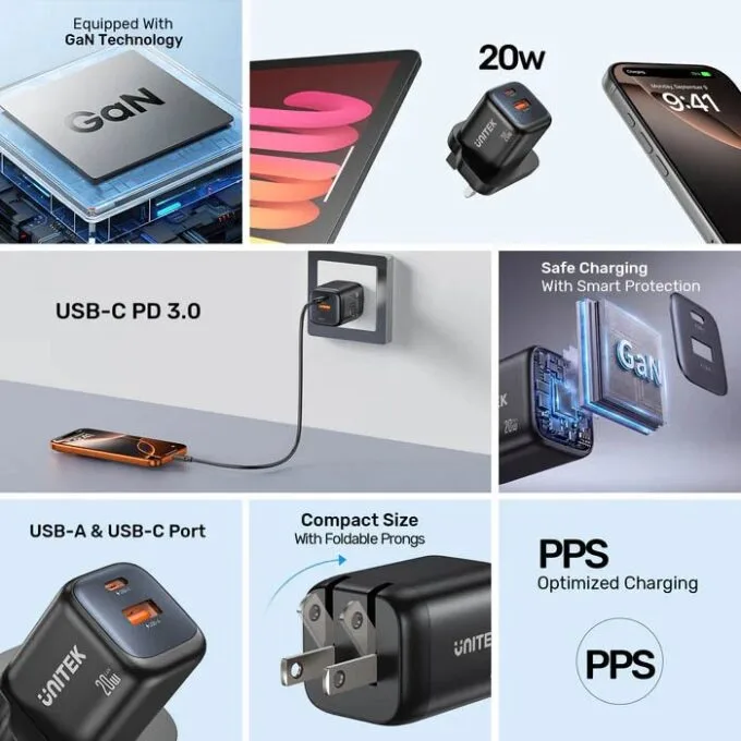 Unitek Charge Wall GaN 20W USBCx1 & USBAx1 UK P1128 Black — image 9