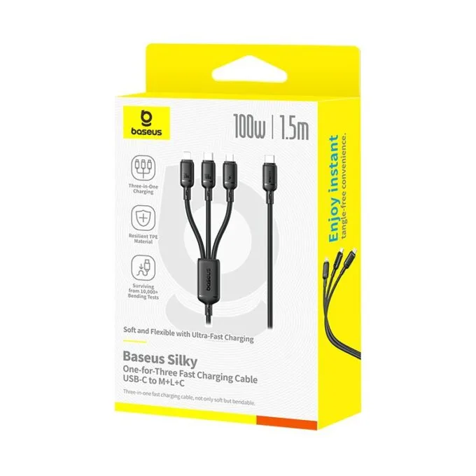 Baseus Cable 3in1 USB-C/Micro/Light to USB-C Silky One-for-Three 100W 1.5m Black — image 7