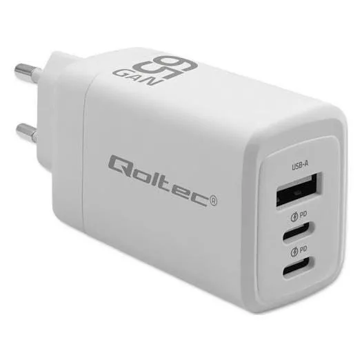Qoltec 65W GAN | 5-20V | 3-3.35A | 2 x USB-C PD | 1 x USB QC 3.0 | White — image 1