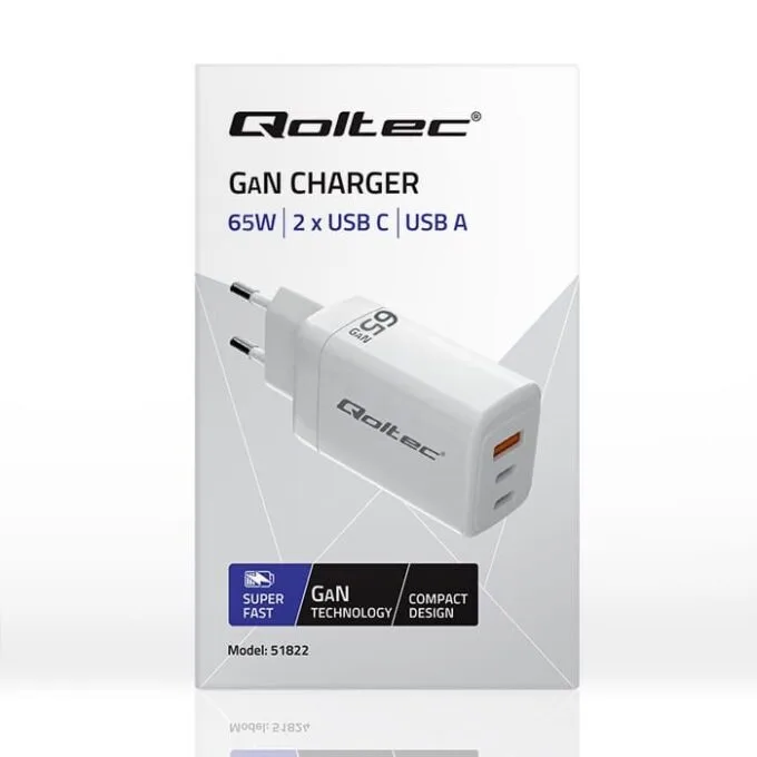 Qoltec 65W GAN | 5-20V | 3-3.35A | 2 x USB-C PD | 1 x USB QC 3.0 | White — image 8