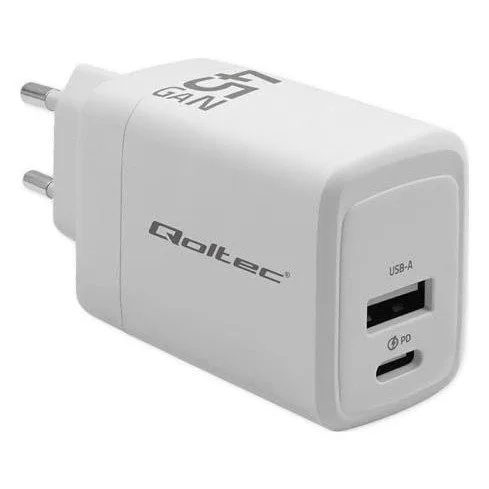Qoltec 45W GaN| 5-20V | 1.5-3A | 1 x USB-C PD | 1 x USB QC 3.0 | White — image 1