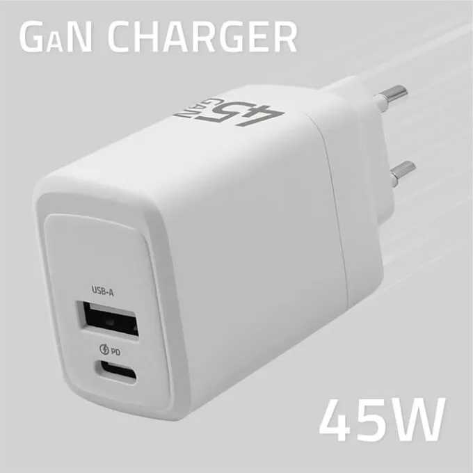Qoltec 45W GaN| 5-20V | 1.5-3A | 1 x USB-C PD | 1 x USB QC 3.0 | White — image 3