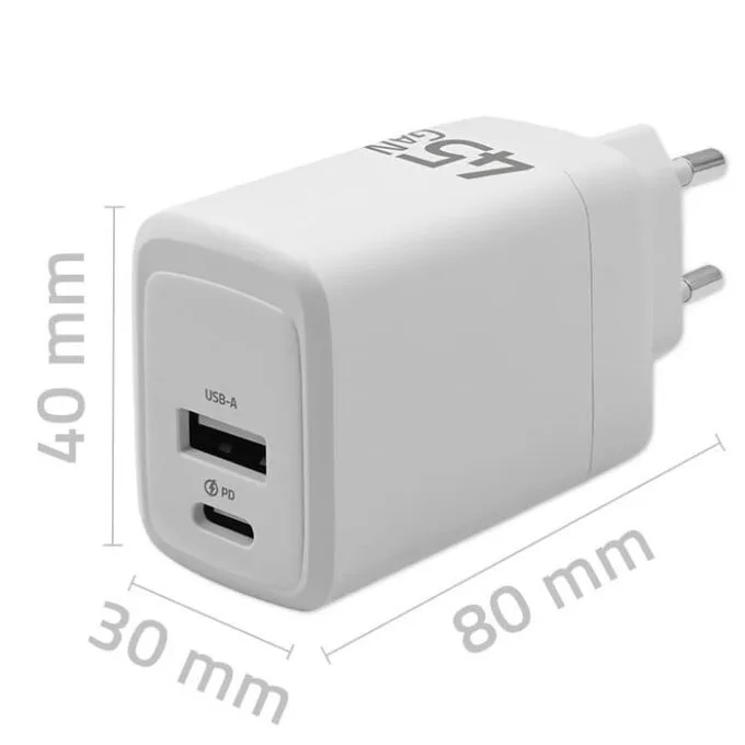 Qoltec 45W GaN| 5-20V | 1.5-3A | 1 x USB-C PD | 1 x USB QC 3.0 | White — image 7