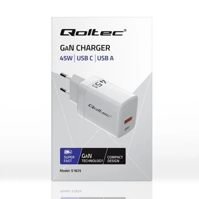 Qoltec 45W GaN| 5-20V | 1.5-3A | 1 x USB-C PD | 1 x USB QC 3.0 | White — image 8