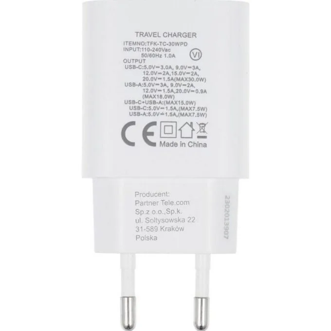 FORCELL F-ENERGY TFK-TC-30WPD Typ C + USB A PD QC4.0 3A 30W biała — image 3