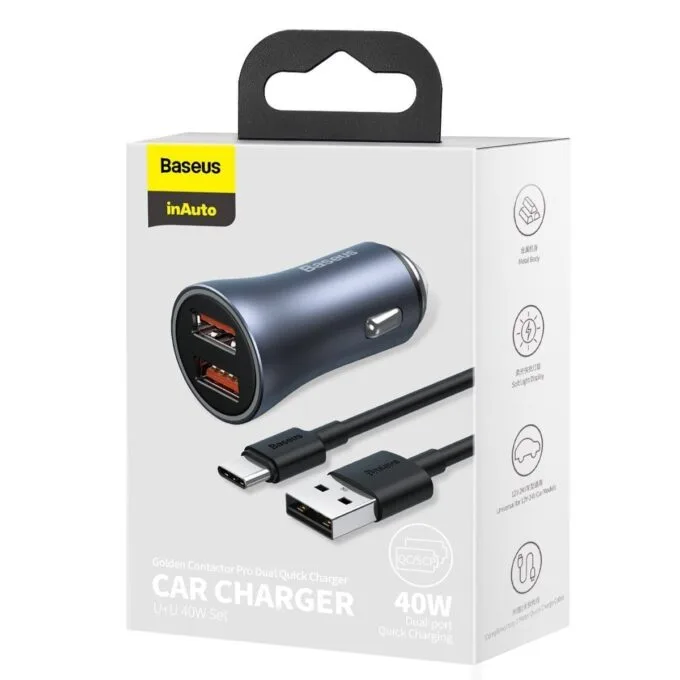 Baseus Golden Contactor Pro, 2x USB, 40W (gray) + USB cable for USB-C 1m (black) — image 11