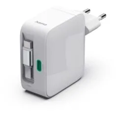 Hama GAN 30W PD/QC with rolled cable, 2x USB-C, white