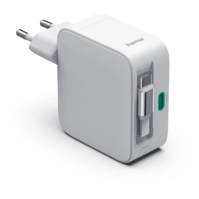Hama GAN 30W PD/QC with rolled cable, 2x USB-C, white — image 2