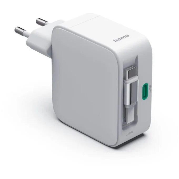 Hama GAN 65W PD/QC with rolled cable, 2x USB-C, white — image 2