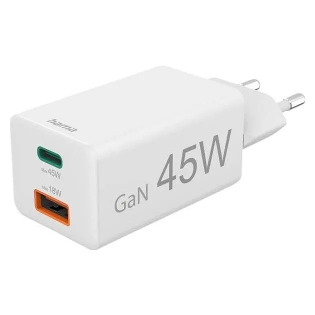 Hama mini GAN 45W PD/QC 1x USB-C, 1x USB-A white — image 1
