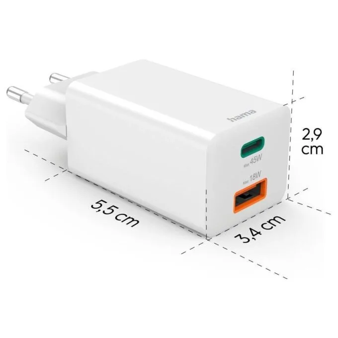 Hama mini GAN 45W PD/QC 1x USB-C, 1x USB-A white — image 2