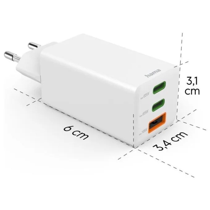 Hama mini Gan 65W PD/QC 2x USB-C, 1x USB-A white — image 2
