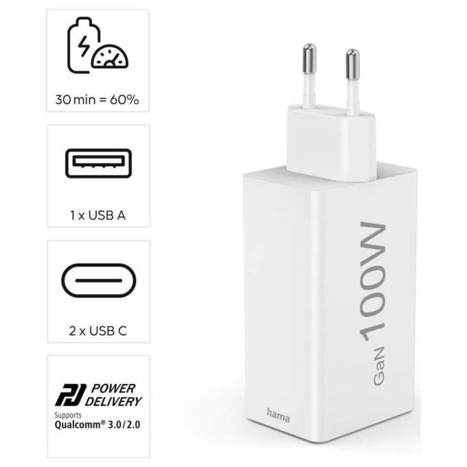 Hama mini 100W GaN PD/QC 2x USB-C, 1x USB-A biały — image 11