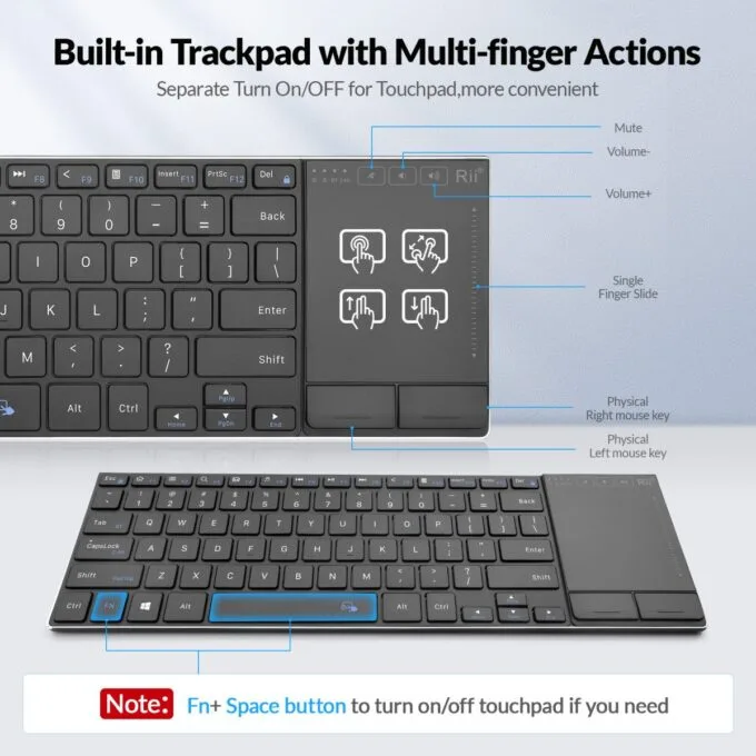 Rii Mini Keyboard Wireless 2.4GHz & Bluetooth with Large Touchpad & Media Keys Stainless Steel RT721 — image 4