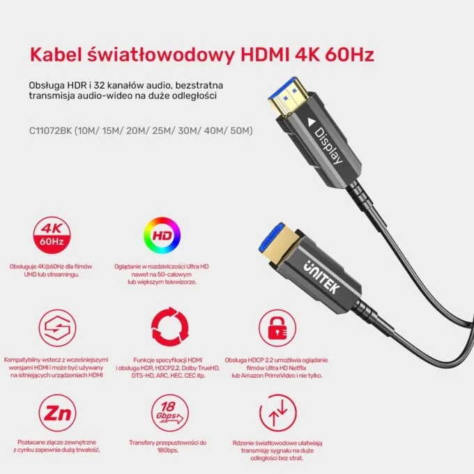 Unitek HDMI 2.0 optical cable AOC 4K 60Hz 12 m — image 8