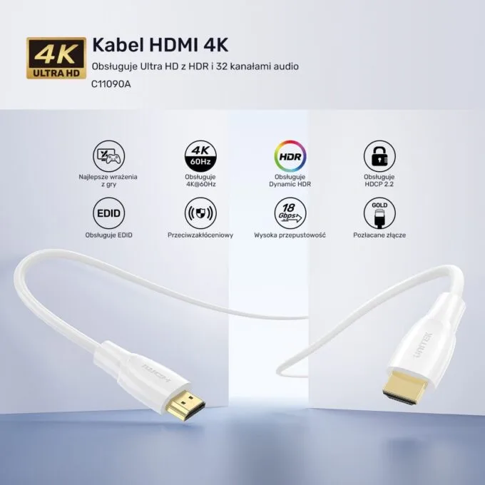 Unitek HDMI 2.0 cable 4K white 7.5m — image 2