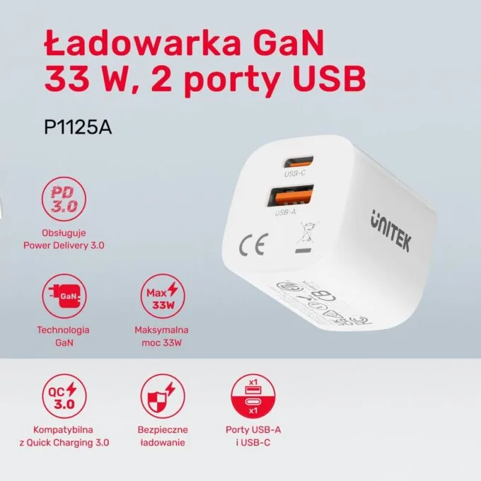 Unitek 1x USB-A 1x USB-C QC 33W white — image 4