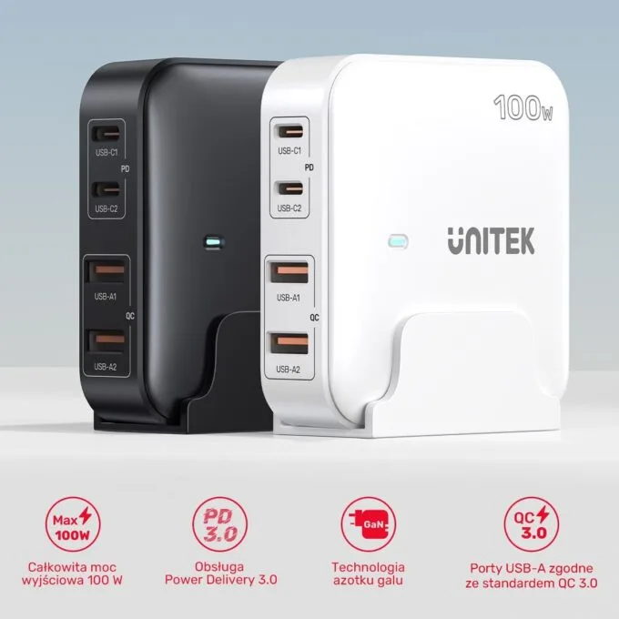 Unitek Desk Charger GAN 100W 2xUSB-A 2xUSB-C white — image 2