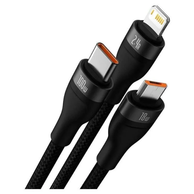 Baseus Flash Series USB 3w1, USB-C + micro USB + Lightning, 100W, 1.2m (black) — image 2