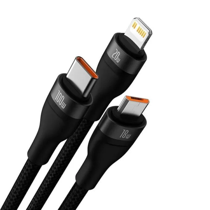 Baseus Flash Series 2 USB 3w1, USB-C + micro USB + Lightning, 100W, 1.2m (black) — image 2