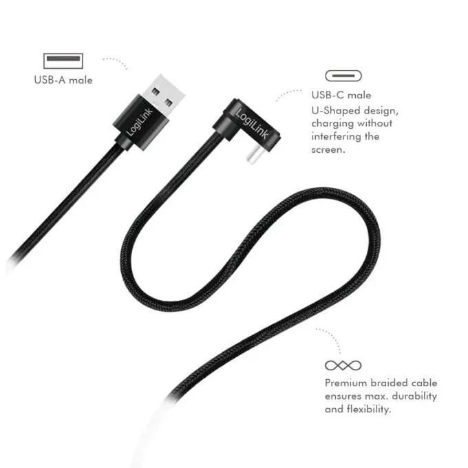 LogiLink USB 2.0 | USB-A - USB-C 3.0m in angled black — image 3