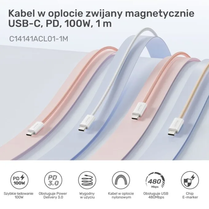 Unitek Cable magnetically rolled USB C PD 100W beige 1m — image 1