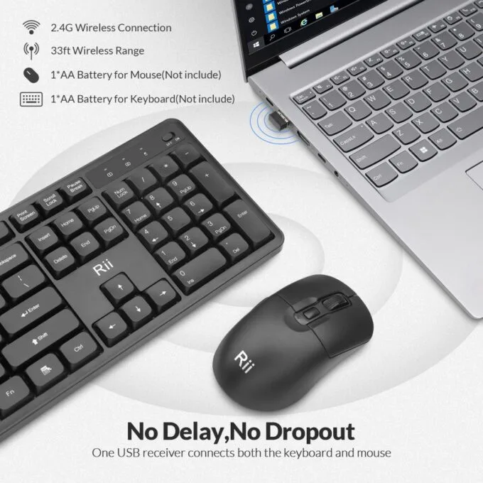 Rii Keyboard & Mouse Wireless 2.4GHz Combo Full Sized Silent RK209 — image 3