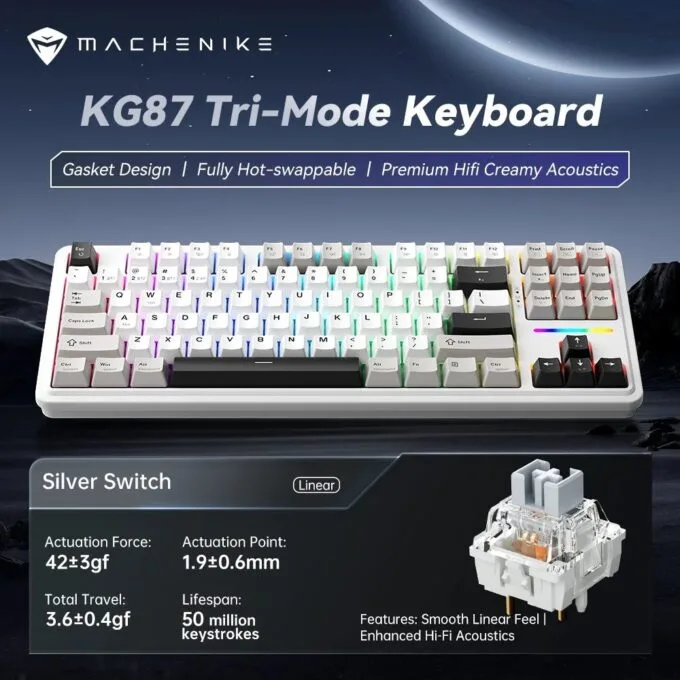 Machenike Wireless Gaming Keyboard ,Wired,Bluetooth,2.4G, Linear Silver Switches,4000 mAh battery, KG87 — image 2