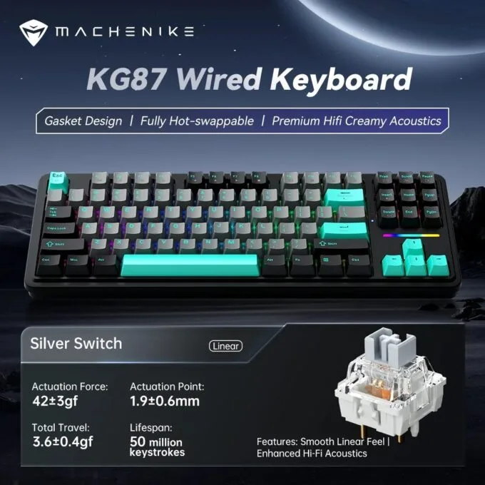 Machenike Wired Gaming Keyboard KG87,Gasket Design, Fully Hot-swappable Switches, Mechanical Silver Linear Switches — image 2
