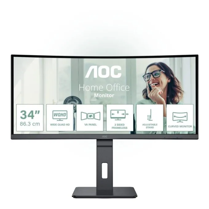 AOC CU34P3CV 34-inch Curved UWQHD VA Monitor – 3440x1440, 100Hz, 4ms, USB-C 65W Docking, USB Hub, RJ45, Speakers — image 1