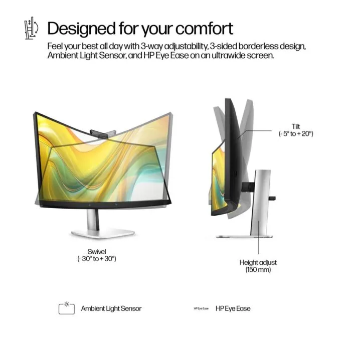 HP S5 Pro 534PM - 34-inch Curved WQHD (3440×¹440) Business Monitor - VA Panel, 100 Hz, 5ms, 400 Nits, Poly Studio 5MP Webcam, Speakers, USB-C 100W, LAN, HDMI 2.0, DP 1.4, VESA — image 3