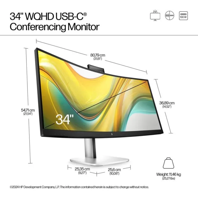 HP S5 Pro 534PM - 34-inch Curved WQHD (3440×¹440) Business Monitor - VA Panel, 100 Hz, 5ms, 400 Nits, Poly Studio 5MP Webcam, Speakers, USB-C 100W, LAN, HDMI 2.0, DP 1.4, VESA — image 5