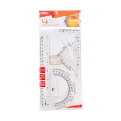 DELI DRAFTING SET 4PCS RULER SET SQUARES PROTRACTOR 20CM TRANSPARENT
