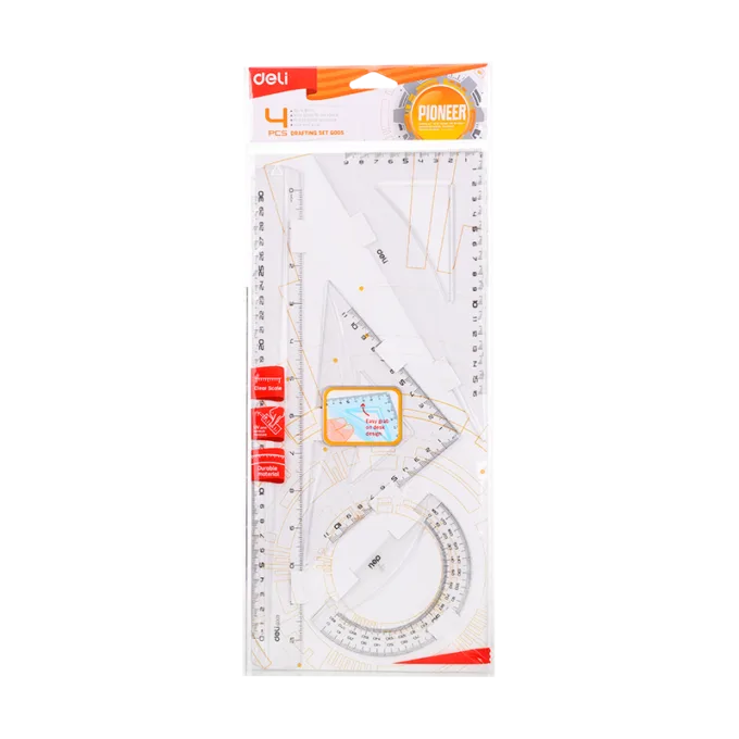 DELI DRAFTING SET 4PCS RULER SET SQUARES PROTRACTOR 30CM TRANSPARENT — image 1