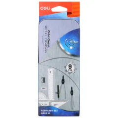 DELI 9PCS SET (1 COMPASS,1 DIVIDER,1 PENCIL,1 15CM RULER,2 SET SQUARES,1 PROTRACTOR,1 ERASER,1 SHARPENER)