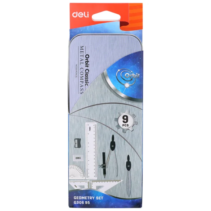DELI 9PCS SET (1 COMPASS,1 DIVIDER,1 PENCIL,1 15CM RULER,2 SET SQUARES,1 PROTRACTOR,1 ERASER,1 SHARPENER) — image 1