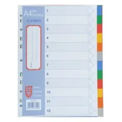 LION: A4 PLASTIC DIVIDER 0.13mm COLOURS 12 TAB