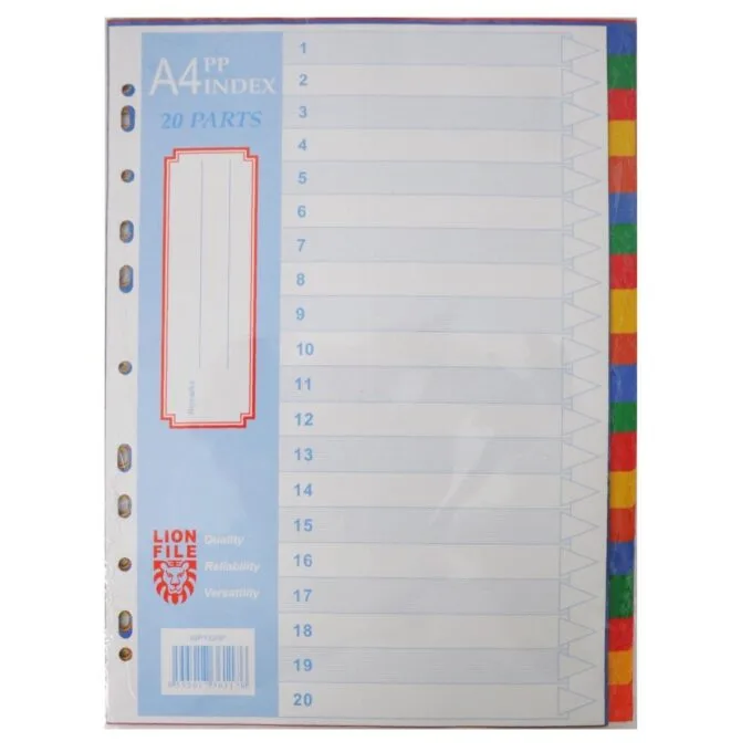 LION: A4 PLASTIC DIVIDER COLOURS 20 TAB — image 1