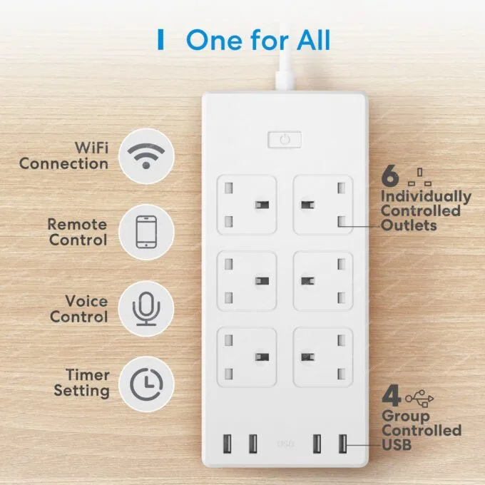 Meross MSS426HK-UK Smart WiFi Power Strip - 6 AC Outlets + 4 USB Ports, 16A, UK Type G Plug, HomeKit/Alexa/Google Compatible — image 2