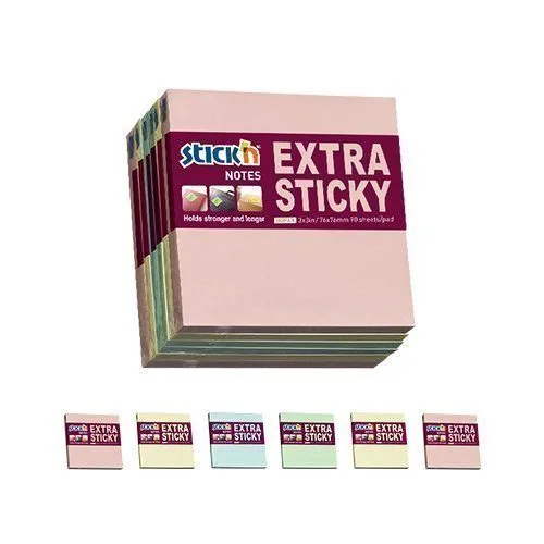STICK N EXTRA STICKY NOTES 76X76MM, PASTEL ASSORTED - 90S/PAD - PACK OF 6 PCS — image 1