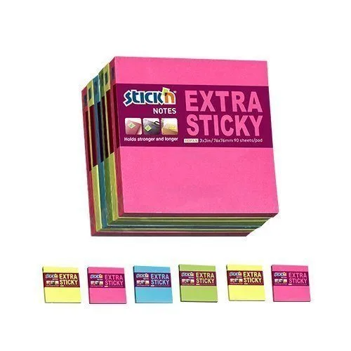 STICK N EXTRA STICKY NOTES 76X76MM, NEON ASSORTED - 90S/PAD - PACK OF 6 PCS — image 1