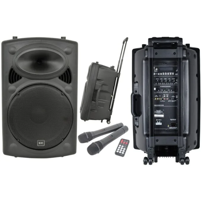 QTX QR15PA (2025) 15'' Professional Portable Karaoke & PA Speaker with 2x Wireless UHF Microphones, BT USB & FM 178.816UK — image 1