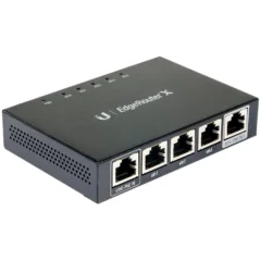 UBIQUITI EdgeRouter X; 1) GbE, 24V passive PoE RJ45 input; 3) GbE RJ45 ports; 1) GbE PoE passthrough output.