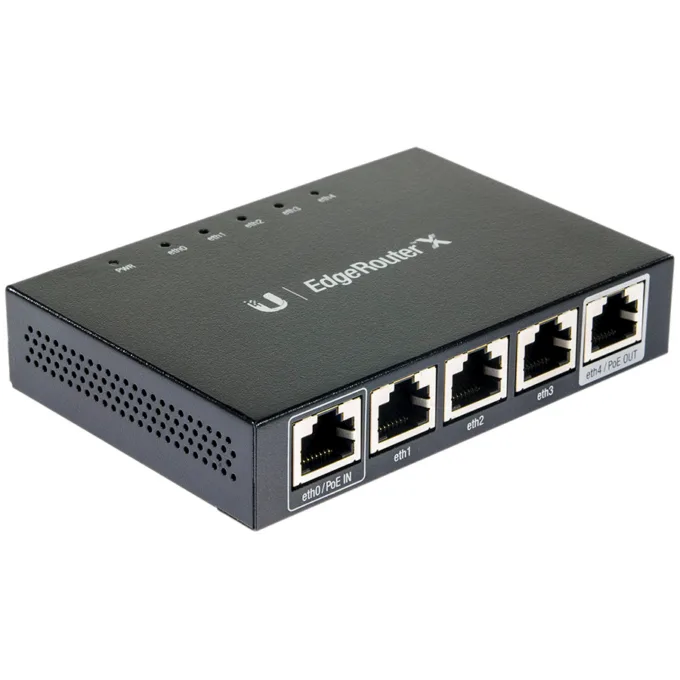 UBIQUITI EdgeRouter X; 1) GbE, 24V passive PoE RJ45 input; 3) GbE RJ45 ports; 1) GbE PoE passthrough output. — image 1