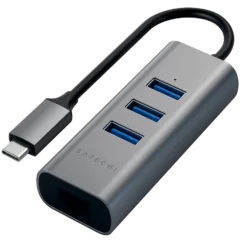 SATECHI Type-C 2-in-1 USB 3.0 Aluminum 3 Port Hub and Ethernet Port Space Gray