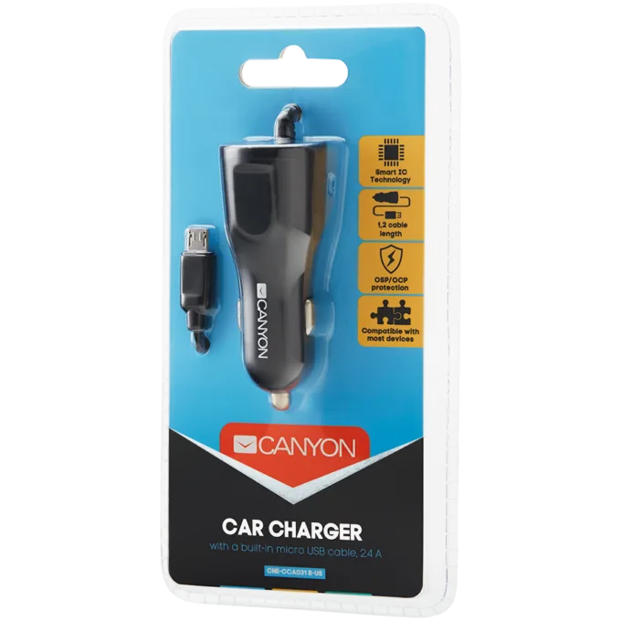 CANYON car charger C-031 2.4A/USB-A built-in MicroUSB Black — image 2