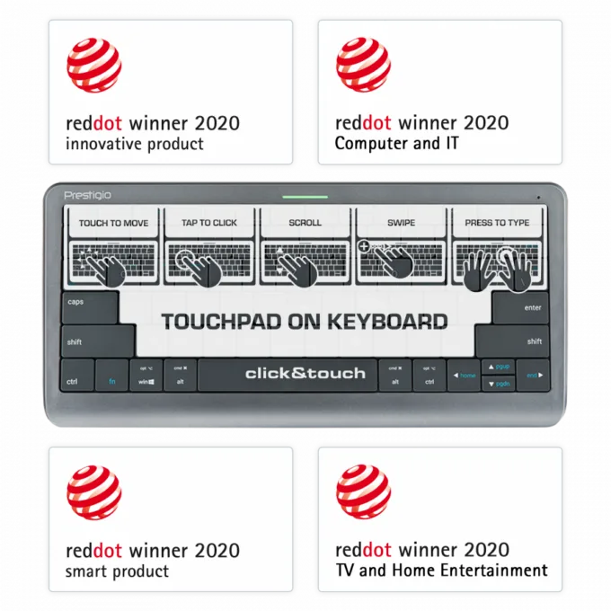 Click&Touch, wireless multimedia keyboard for Smart-TV with touchpad embedded into keys, auto-switch between keyboard and touchpad, connect to 5 devices via Bluetooth, USB dongle and Type-C, LED status indicators, built-in battery, space grey color — image 1