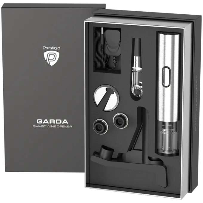 Prestigio Garda, smart wine opener, simple operation with 2 buttons, aerator, vacuum stopper preserver, foil cutter, opens up to 50 bottles wihout recharging, premium design, 500mAh battery, Dimensions D 17mm* H 290mm* W100 mm, silver color. — image 15